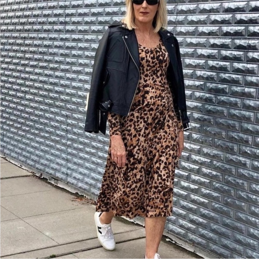 BOGO! Cabi Selma Knit Dress #4216 Leopard Cheetah Midi Ruched Size Large
